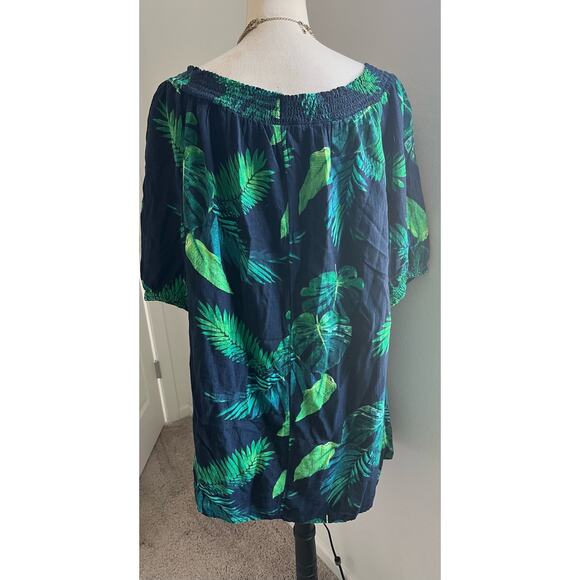 Old Navy 3/4 Sleeve Tropical Blue Green Ruffle Elastic Off Shoulder Dress Sz XL - Picture 5 of 8